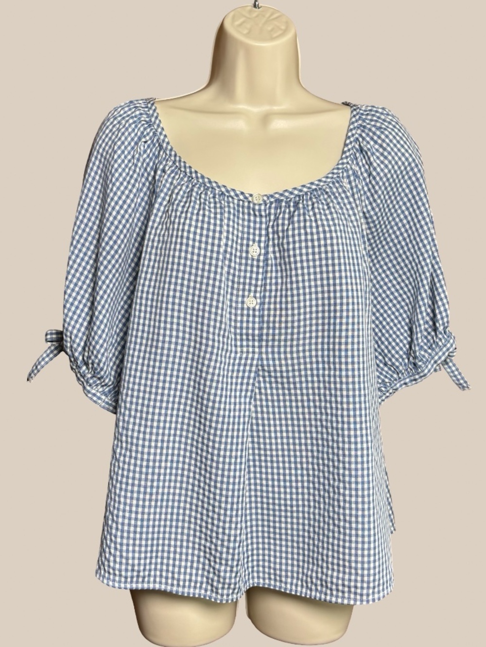Max Studio Gingham Peasant Blouse Blue White Puff Sleeve Tie Top Boho SZ M